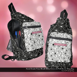 デイジーワイルドフラワー白黒パターン&ピンク名 スリングバッグ