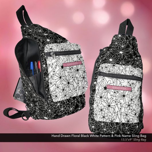 デイジーワイルドフラワー白黒パターン&ピンク名 スリングバッグ