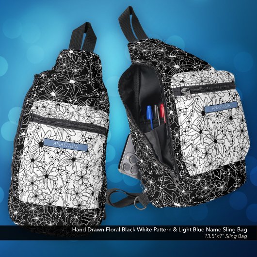 デイジーワイルドフラワー白黒パターン&ブルー名 スリングバッグ