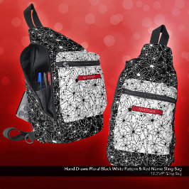 デイジーワイルドフラワー白黒パターン&レッド名 スリングバッグ