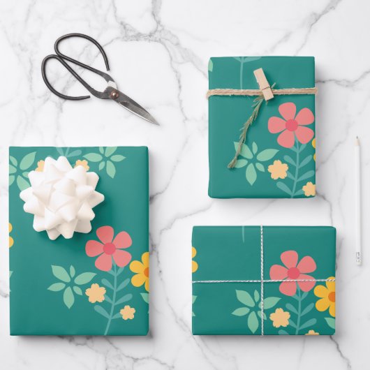 デイジーヴィンテージブーケパターン（緑） ラッピングペーパーシート (正面)