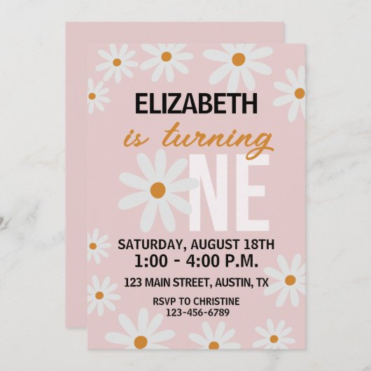 デイジー小さな女の子最初の誕生日招待状 招待状 (正面/裏面)