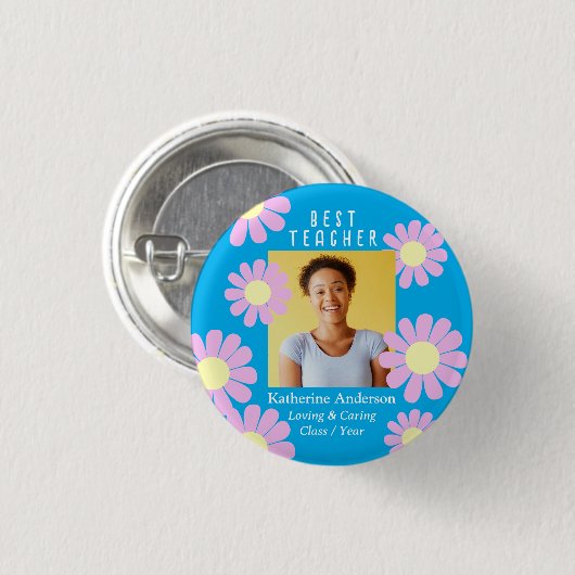 デイジー最高の先生フォトブライトブルーボタン 缶バッジ (正面&裏面)