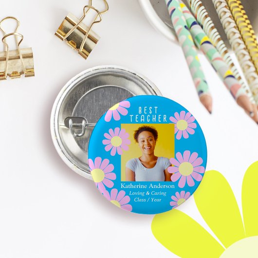 デイジー最高の先生フォトブライトブルーボタン 缶バッジ