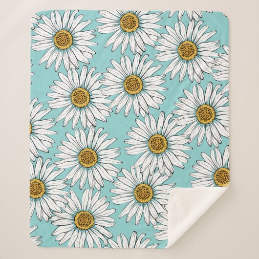 デイジー白い花が青いヴィンテージの継ぎ目なし シェルパブランケット (正面)