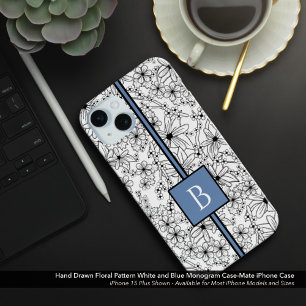 デイジー白黒フローラルパターンブルーモノグラム iPhone 15 MINIケース