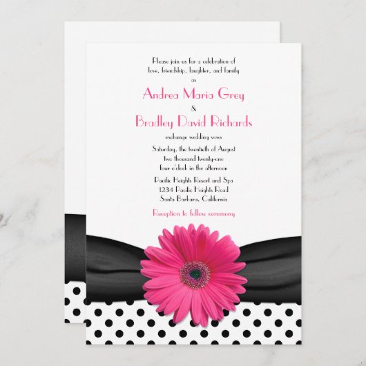 デイジー白黒水玉模様結婚式招待状 招待状 (正面/裏面)