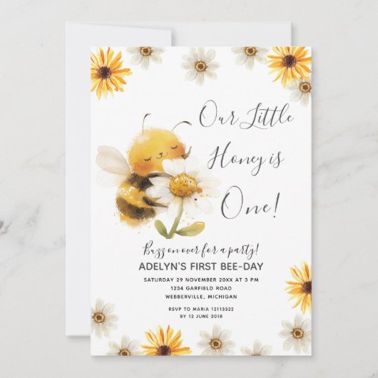 デイジー私たちの小さなハニービー1st誕生日ひまわり 招待状 (正面)