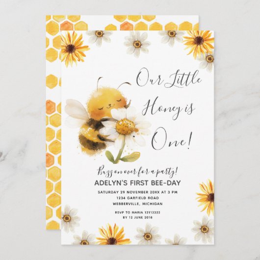 デイジー私たちの小さなハニービー1st誕生日ひまわり 招待状 (正面/裏面)