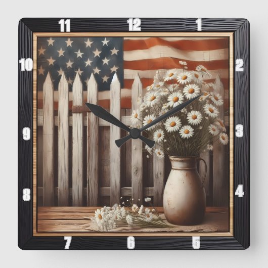 デイジー素朴アメリカンフラッグファームハウス スクエア壁時計 (正面)
