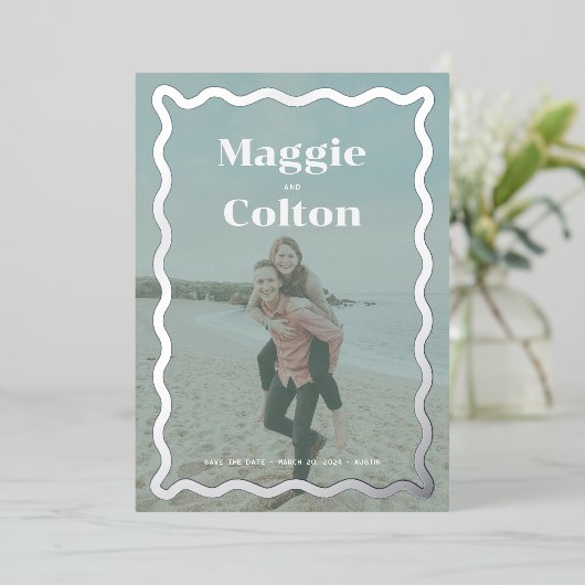 デイジー結婚の写真日付の保存 箔招待状 (立ち正面)