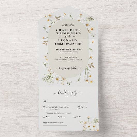 デイジー結婚ワイルドフラワー全て一つの招待状 オールインワン招待状 (内側)