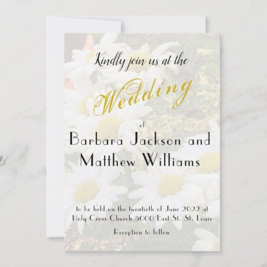 デイジー背景の黄色いスクリプト結婚の流れ 招待状 (正面)