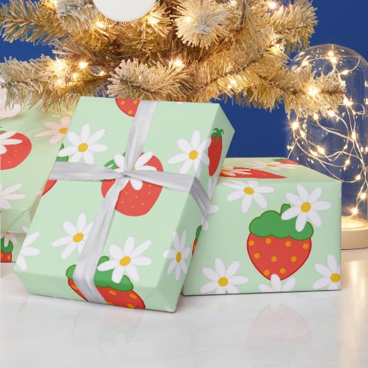 デイジー花フローラいちご模様クリスマス ラッピングペーパー (クリスマス)