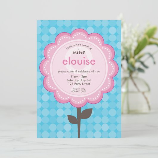 デイジー花モダンヴィンテージかわいらし誕生日アクア 招待状 (スタンド正面)