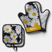 デイジー花柄名前をカスタムする 鍋つかみ&鍋敷きセット (正面/裏面)