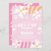 デイジー花溝型ベビーシャワーピンクオレンジ 招待状 (正面/裏面)