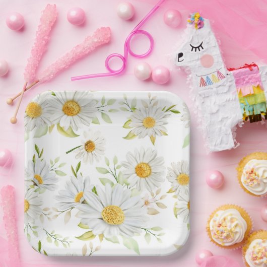 デイジー花誕生日パーティーシャワーホワイトイエロー ペーパープレート (パーティー)