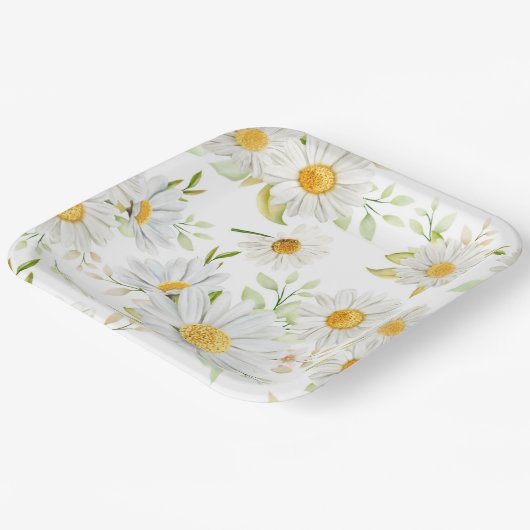 デイジー花誕生日パーティーシャワーホワイトイエロー ペーパープレート (傾斜あり)