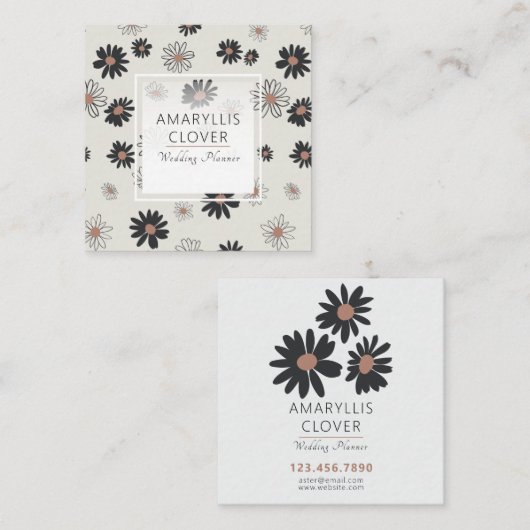 デイジー花黒ピンク花柄 スクエア名刺 (正面/裏面)