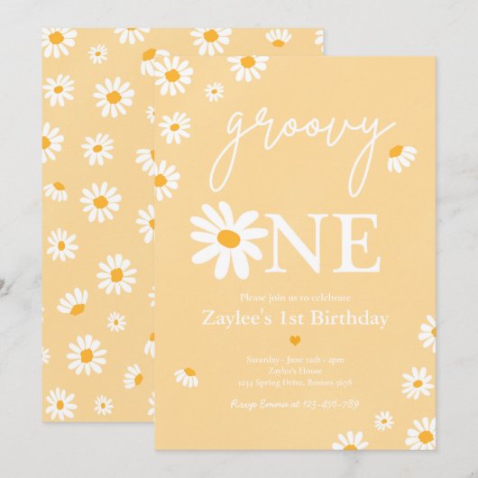 デイジー誕生日パーティーボヘミアングルーヴィーワン 1歳誕生日 招待状 (正面/裏面)