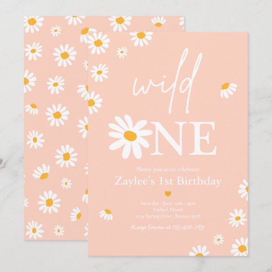 デイジー誕生日パーティーボヘミアンワイルドワン1歳誕生日 招待状 (正面/裏面)