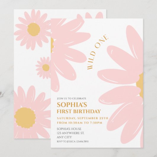 デイジー誕生日パーティーボヘミアンワイルドワン1歳誕生日 招待状 (正面/裏面)