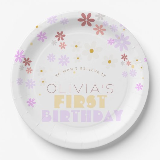 デイジー誕生日会かわいい花1歳の誕生日 ペーパープレート (正面)