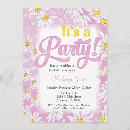 デイジー誕生日招待状ピンクイエローフローラ 招待状 (正面/裏面)