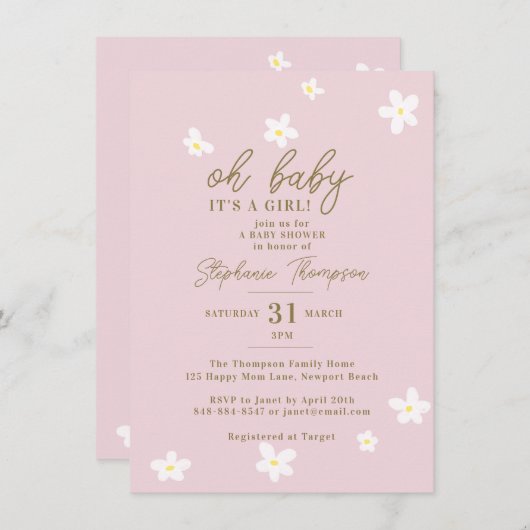 デイジー赤面ピンクオーベビーガールシャワー 招待状 (正面/裏面)
