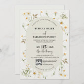 デイジー野モダン花結婚のQRコード 招待状 (正面/裏面)