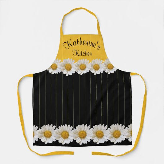 デイジー黄色と黒のパーソナライズされたフローラ エプロン (正面)