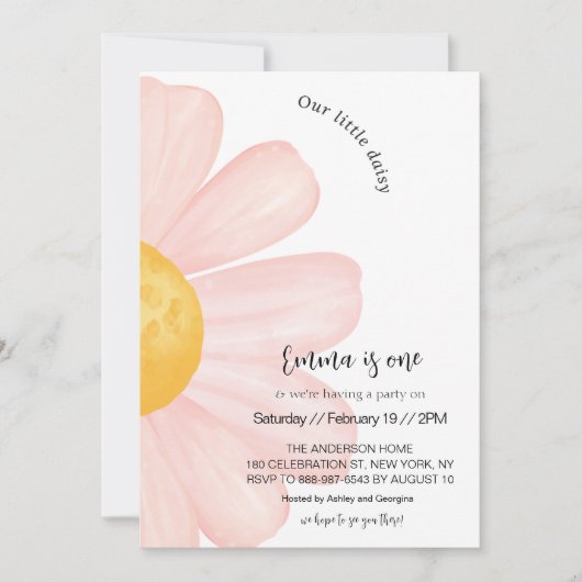デイジー1歳の誕生日、ピンクデイジーガール1歳の誕生日 招待状 (正面)