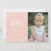 デイジー1歳誕生日ピンク写真 招待状 (正面)