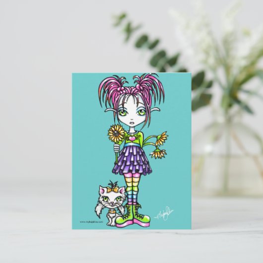 「デイジー」かわいい花の子どもと子猫はがき ポストカード (スタンド正面)