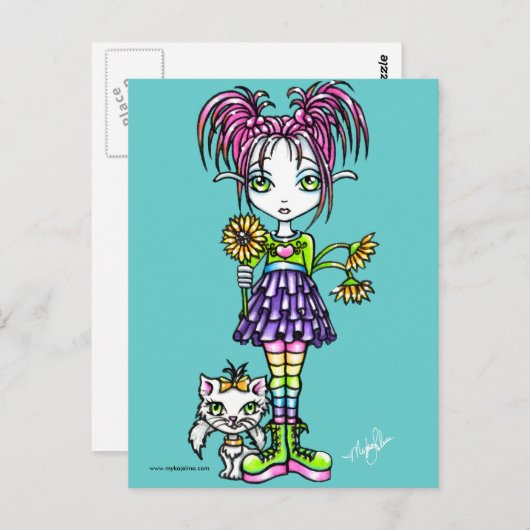 「デイジー」かわいい花の子どもと子猫はがき ポストカード (正面/裏面)