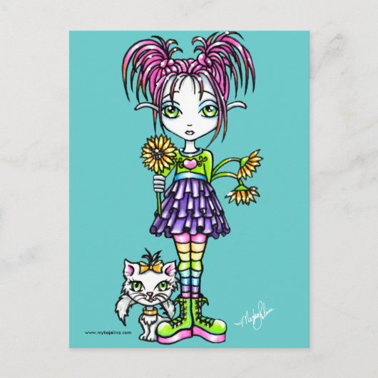 「デイジー」かわいい花の子どもと子猫はがき ポストカード (正面)