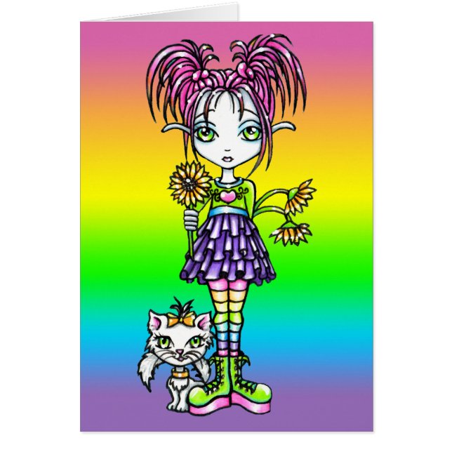 "デイジー"のかわいいフラワーチャイルド猫の妖精の芸術カード (正面)