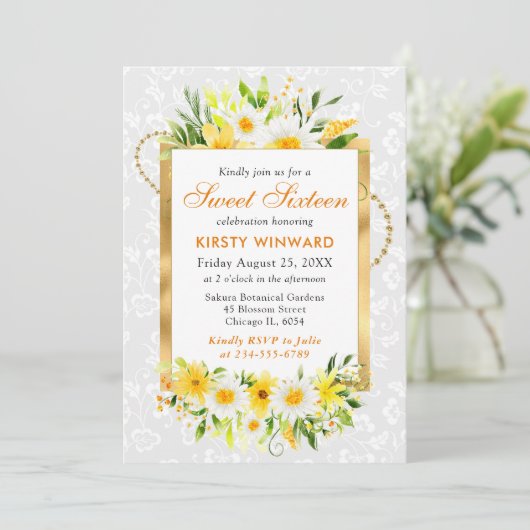 デイジー&イエローサマーフラワーズゴールドフォイルスウィート16 招待状 (スタンド正面)