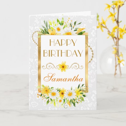 デイジー&イエローサマーフラワーズゴールドフォイル誕生日 カード (黄色い花)