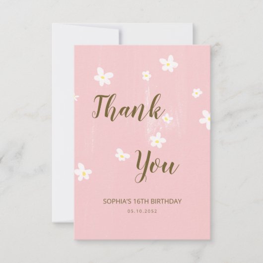 デイジー ガーリー ピンク かわいい カリグラフィー 春の花 サンキューカード (正面)