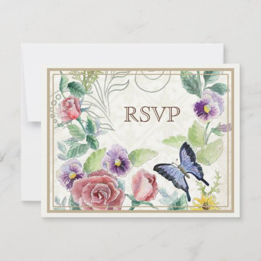 デイジー、パンジーは、蝶- RSVPカードを結婚することnの上がりました 出欠カード (裏面)