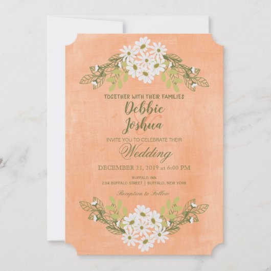 デイジー&ピーチフローラメイソンジャー結婚式招待状 招待状 (正面)