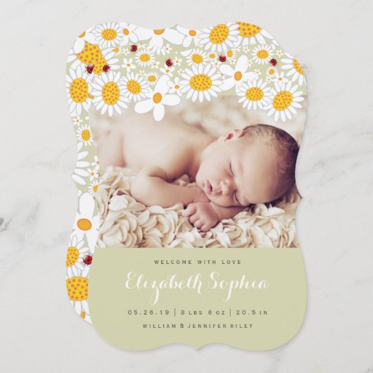 デイジー&レディバグ赤ちゃん女の子の写真の誕生のお知らせ 案内状 (正面/裏面)