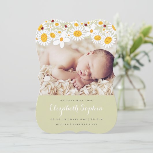 デイジー&レディバグ赤ちゃん女の子の写真の誕生のお知らせ 案内状 (スタンド正面)