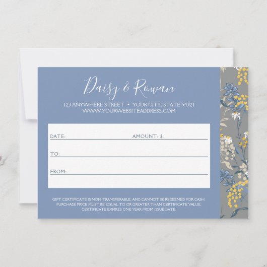 デイジー&ローワンワイルドフラワーギフト証明書カード 招待状 (裏面)