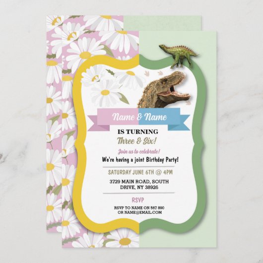 デイジー&恐竜ジョイントボーイガール誕生日 招待状 (正面/裏面)