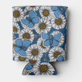 デイジー、白い野生の花と青い蝶 缶クーラー (正面)