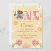 デイジー 花 フォト 1人の女の子 1歳の誕生日 招待状 (正面)