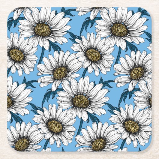 デイジー、青い花の野生の花 スクエアペーパーコースター (正面)